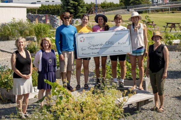 Photo of cheque presentation in garden